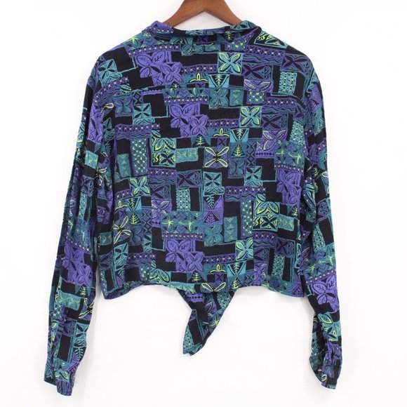 Vintage Chico's Design Shirt Womens Purple Hawaiian Pattern Cropped Retro Size 3 - Picture 7 of 9